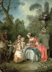 En dam och en herre i trädgården med två barn ca 1742 olja på duk detalj av 29887